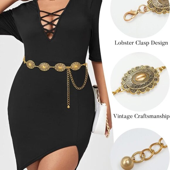 Metal Waist Chain Link Belt for Women Western Boho Turquoise Dress Jeans - Picture 7 of 9